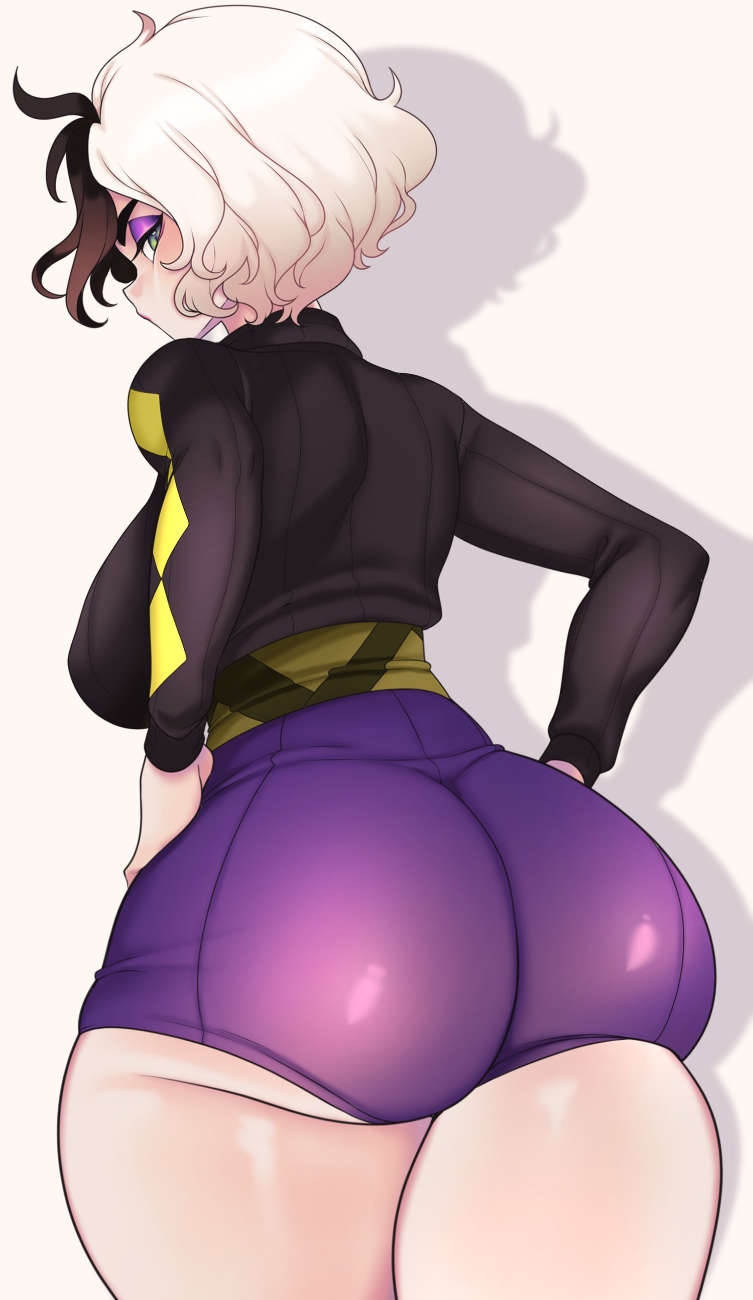 1girls, ass, back view, black hair, eyeshadow, female, female only, green eyes, hands on hips, hi res, legs together, looking at viewer, looking back, looking back at viewer, medium hair, narrowed eyes, niucniuc, rear view, solo, thick ass, thick thighs, two-tone hair, white background, white hair, yorra villeneuve