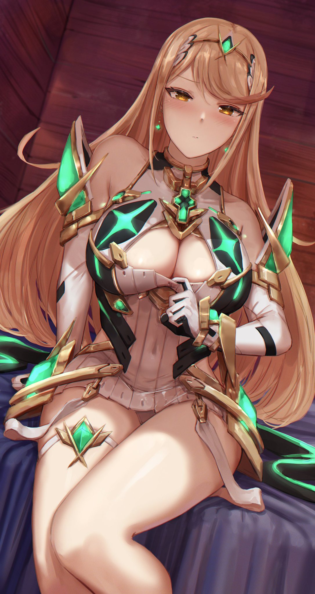 big_breasts blonde_hair blush boob_window core_crystal ippers mythra nintendo thighs white_dress white_panties xenoblade_(series) xenoblade_chronicles_2