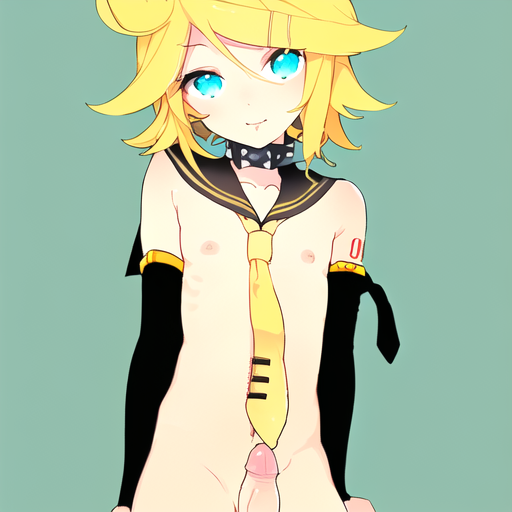 1boy ai_generated aqua_eyes average_sized_penis black_armwear black_choker black_collar black_sailor_collar black_sleeves choker collar detached_sleeves erect_penis erection femboy functionally_nude green_background kagamine_len male_only medium_penis pixai sailor_collar short_hair simple_background solo_male spiked_collar spiky_hair teenage_boy vocaloid yellow_hair yellow_tie