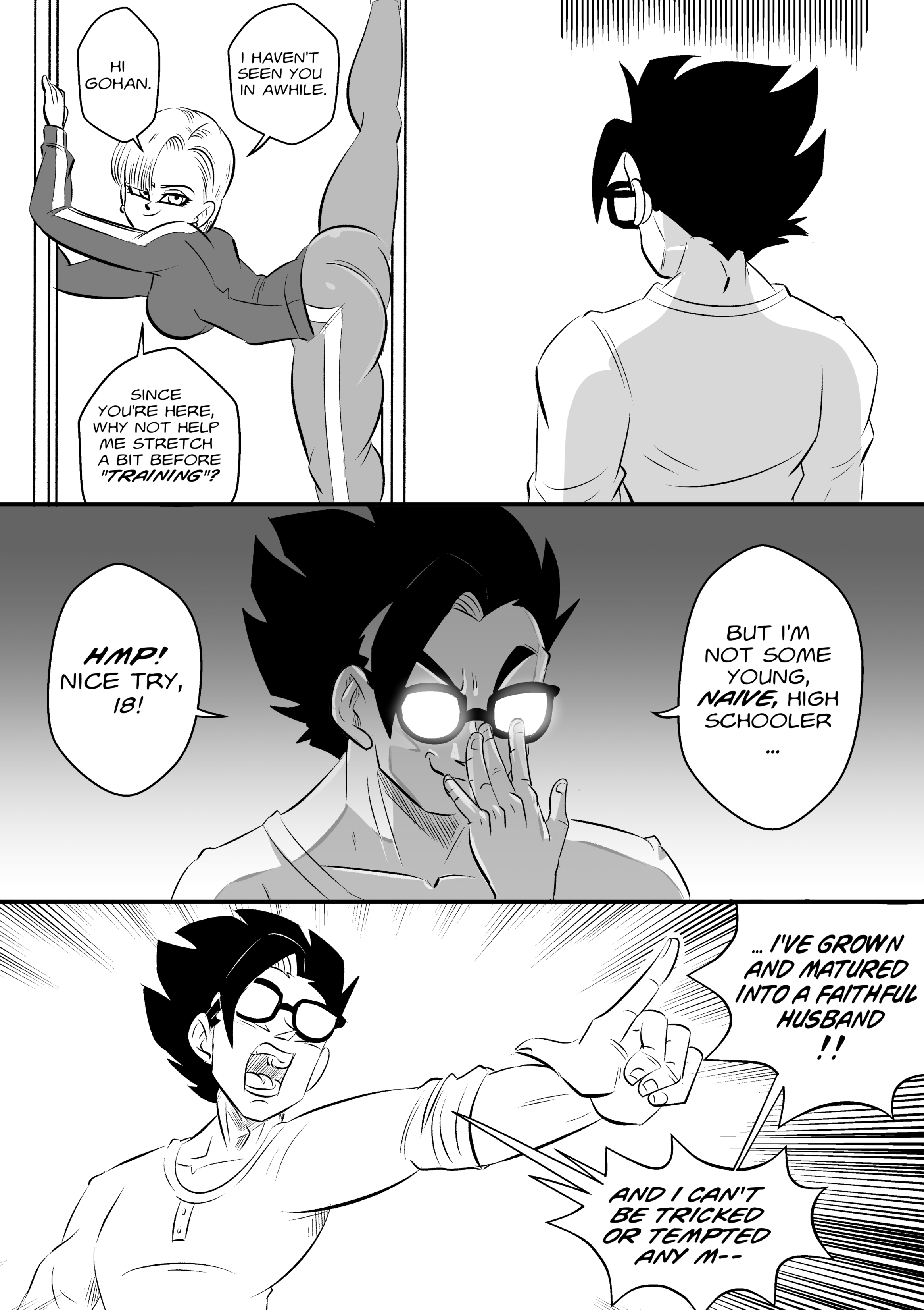 1boy, 1girls, android 18, dialogue, dragon ball, dragon ball super, dragon ball z, english text, female, funsexydragonball, imminent sex, male, son gohan, tagme, text