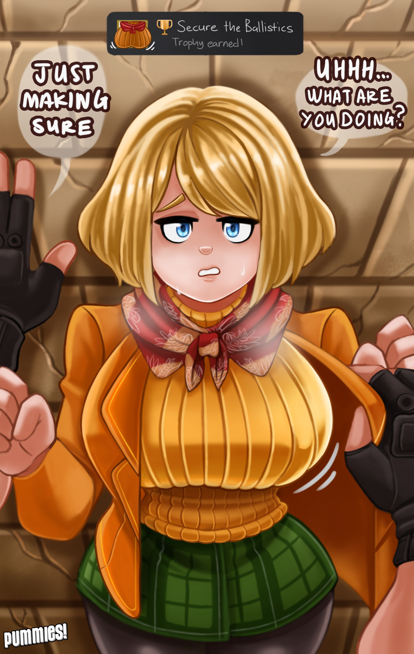 1boy, 1girls, 2d, ashley graham, ashley graham (ella freya), blonde hair, blue eyes, breasts, capcom, clothed, english text, female, huge breasts, leon scott kennedy, light skin, light-skinned female, light-skinned male, male, miniskirt, nervous, pov, pov eye contact, pummies, rape, resident evil, resident evil 4, resident evil 4 remake, sexual harassment, skirt, tagme, thick thighs