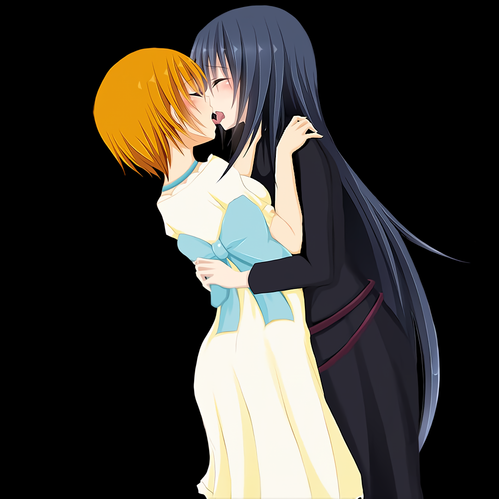 2girls ai_upscaled closed_eyes dark_hair ever_17 female female_focus female_only french_kiss hands_on_shoulders kissing komachi_tsugumi orange_hair ribbon tagme tanaka_yubiseiharukana visual_novel waifu2x yuri