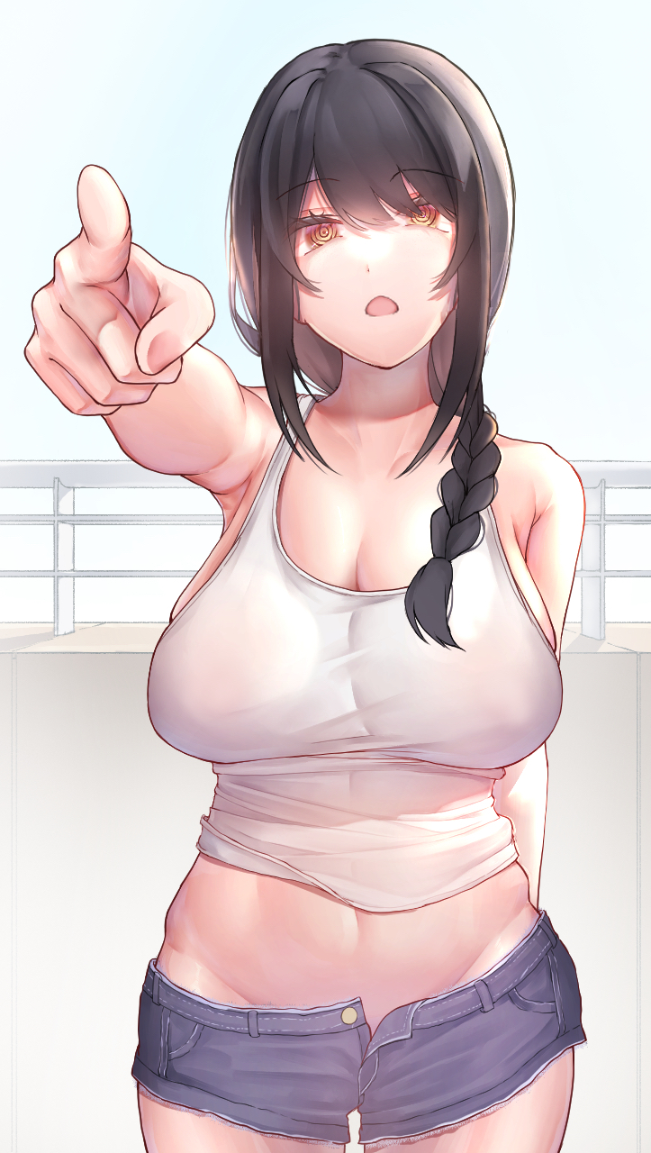 1girls, aged up, big breasts, black hair, braided hair, breasts, chainsaw man, denim shorts, female, female only, fully clothed, large breasts, long hair, meme, minishorts, muchiyaki, nayuta (chainsaw man), no bra, no panties, pointing, pointing at viewer, shorts, solo, standing, thighs, unzipped shorts, weezo, yellow eyes