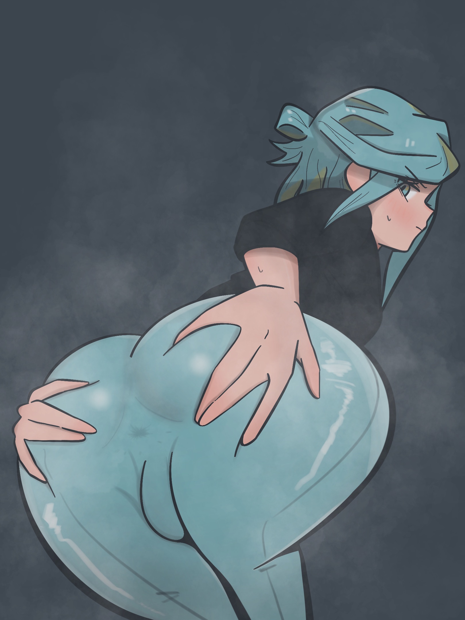 1boy, 380samhachi, anus, ass, ass focus, balls, big ass, blue eyes, blush, femboy, grusha (pokemon), hands on ass, hands on own ass, male, no panties, pokemon, pokemon sv, simple background, solo, spreading, spreading ass, spreading cheeks, spreading own anus, spreading own ass, steam, steaming body, sweatdrop, testicles, thick thighs, thighs, tight clothes, tight clothing, tight fit, tight pants, twink, yoga pants