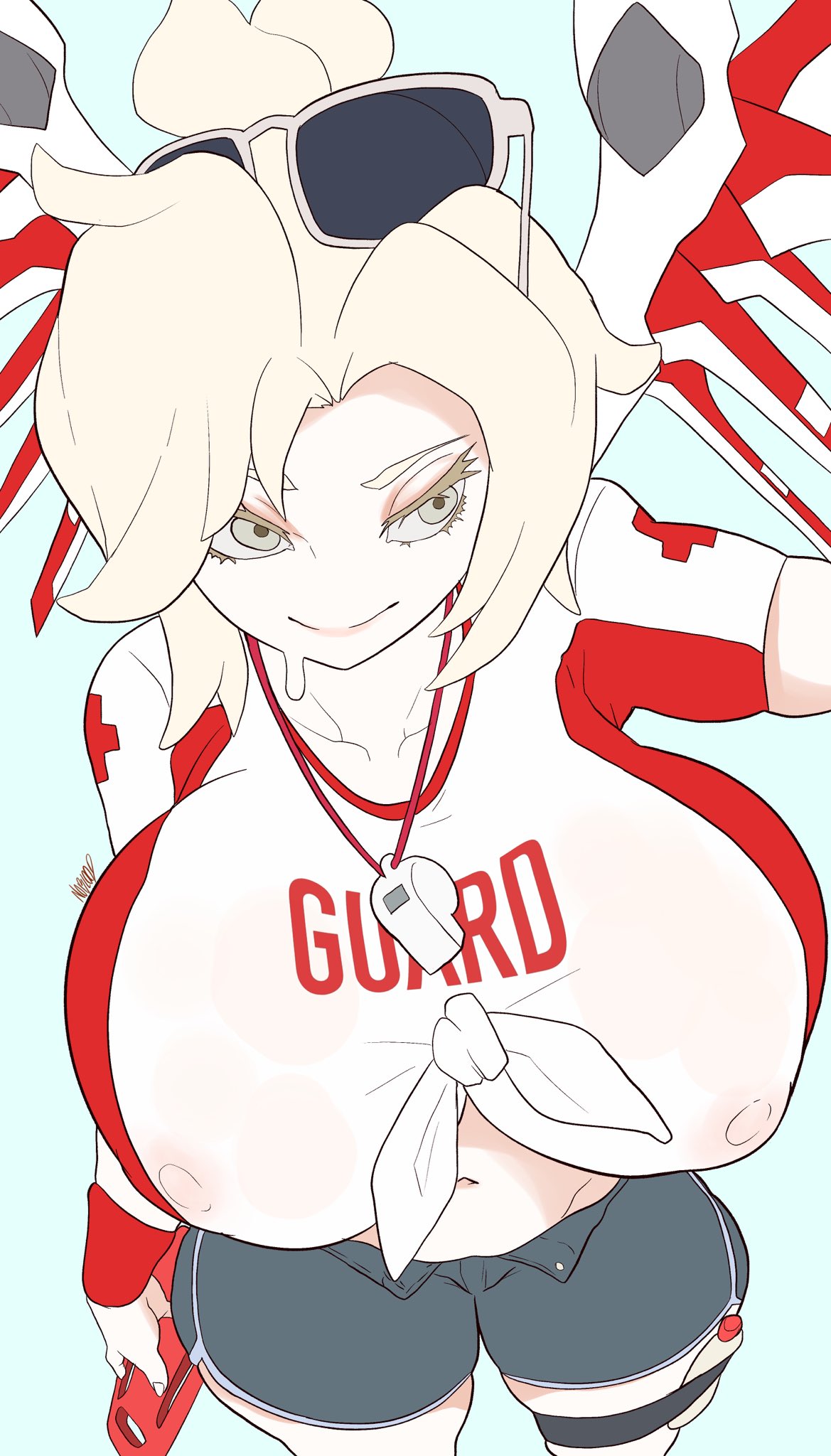 1girls, 2023, blizzard entertainment, blonde hair, blue background, breasts, eyewear on head, female, female focus, female only, from above, huge breasts, lifeguard, mercy, nipples, noblood, overwatch, ryandomonica, see-through, short hair, shorts, smile, solo, sunglasses, sunglasses on head, yellow eyes