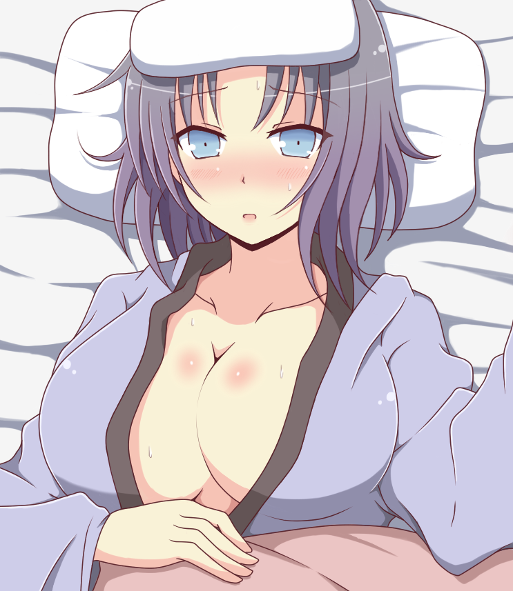 1girls bed blanket blue_eyes cleavage collarbone female front_view huge_breasts ichiryuu_tsumiki laying_down light-skinned_female light_skin looking_at_viewer open_mouth pillow purple_hair senran_kagura sick solo towel towel_on_head yumi_(senran_kagura)