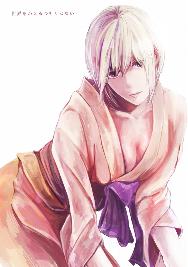 cleavage expressionless female female_only gintama japanese_clothes kimono leaning_forward misawa obi okita_mitsuba painting_(artwork) restricted_palette short_hair solo