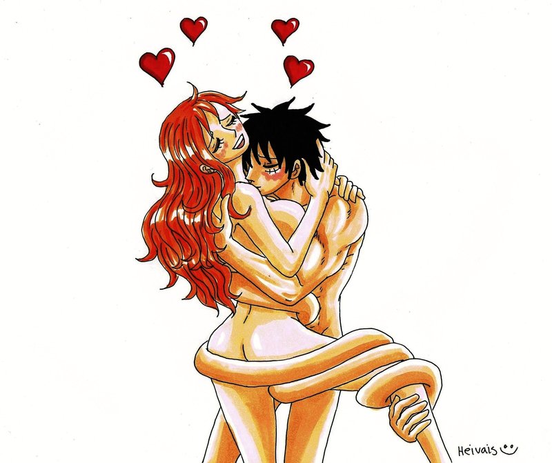 1boy 1boy1girl 1girls akuma_no_mi arms_around_partner black_hair blush closed_eyes completely_nude curvy curvy_female embrace female gomu_gomu_no_mi heart heivais long_hair male monkey_d_luffy muscular muscular_male nami neck_kiss nude one_piece orange_hair post-timeskip romantic scar short_hair straight wholesome