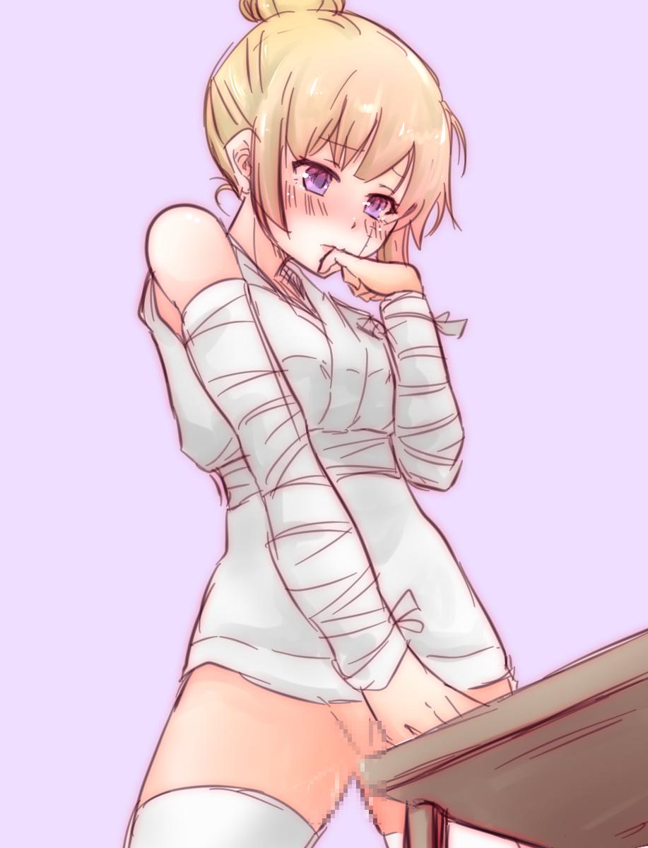 aged_down blonde_hair blush detached_sleeves female female_only gintama hair_bun japanese_clothes masturbation mosaic_censoring no_panties official_alternate_costume paleatus purple_eyes solo table_humping teenage_girl teenager thighhighs tsukuyo white_thighhighs