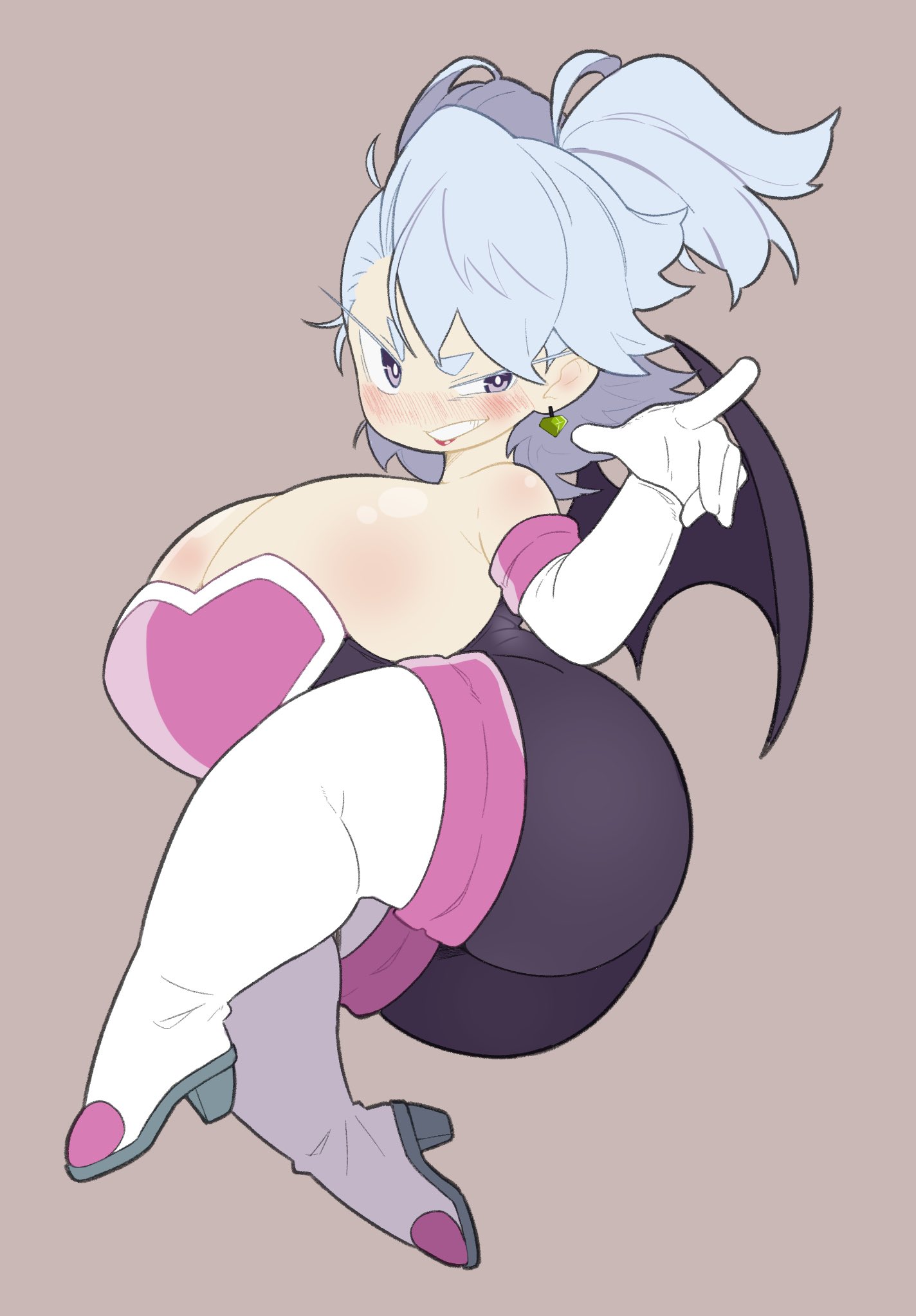 ass, aster (vammzu), bat wings, blush, blushing, breasts, bubble ass, bubble butt, cleavage, deep cleavage, earring, earrings, female, gloved hands, gloves, grey hair, high heels, huge ass, huge breasts, lilac eyes, lilac hair, lipstick, looking away, massive breasts, pointing, purple eyes, rouge the bat, rouge the bat (cosplay), scowl, sega, shortstack, sideboob, sonic (series), sonic the hedgehog (series), stockings, thick thighs, twintails, vammzu, white skin