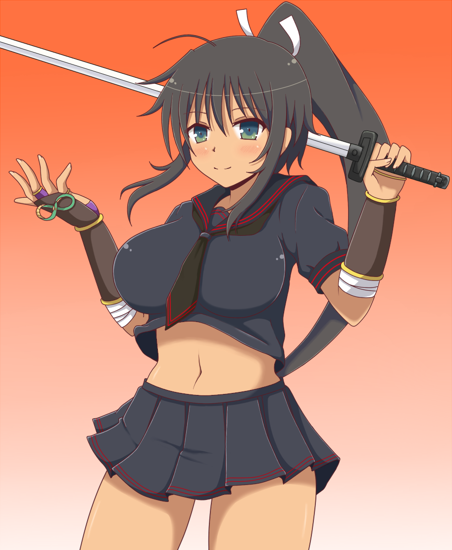 1girls 2015 bangs black_hair crop_top female fingerless_gloves front_view homura_(senran_kagura) ichiryuu_tsumiki katana large_breasts long_hair looking_at_viewer marvelous midriff miniskirt ninjatou ponytail red_background senran_kagura simple_background solo sword tie weapon