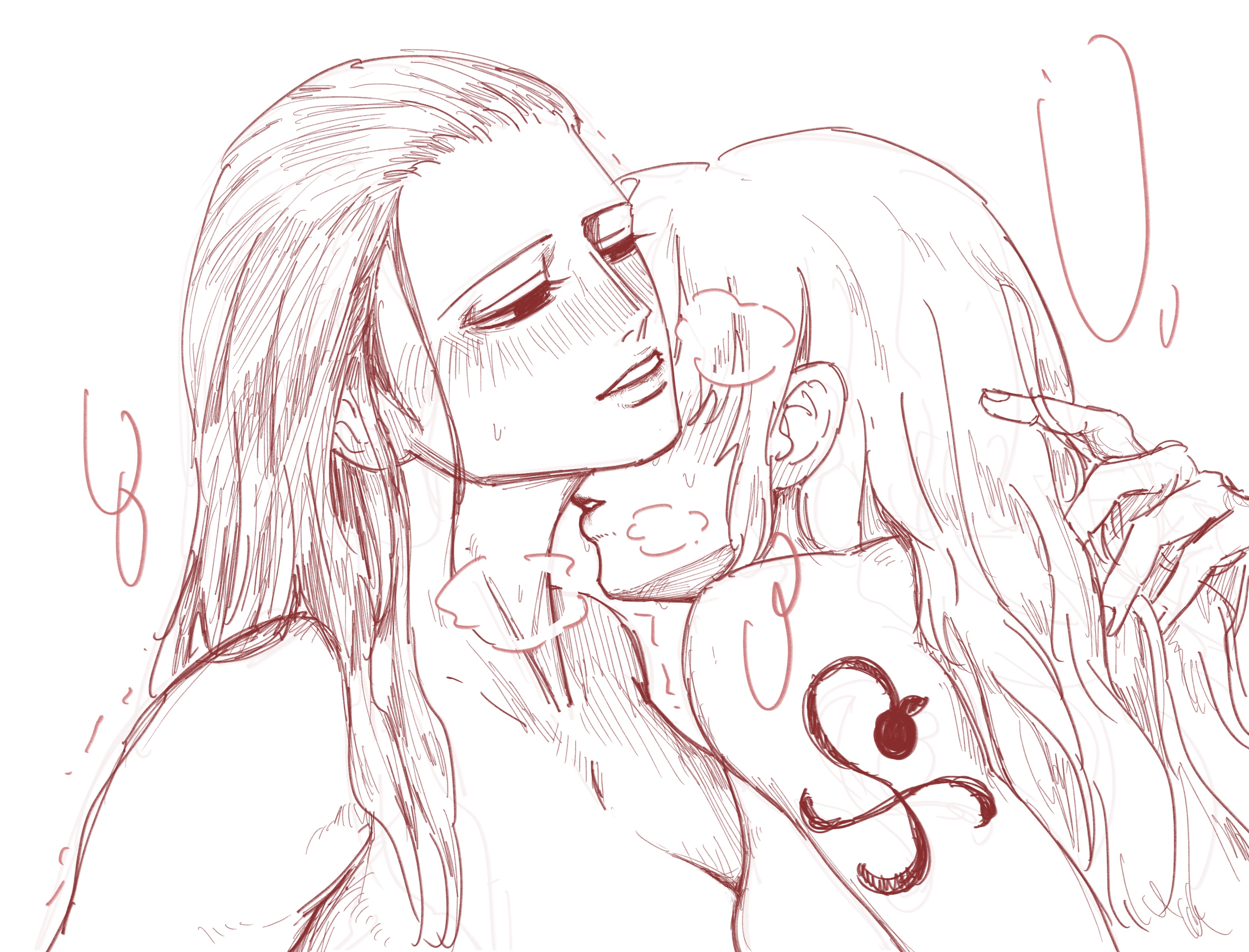 2girls, blush, breasts, cleavage, completely nude, female, female only, monochrome, nami (one piece), neck kiss, nico robin, nude, one piece, panting, post-timeskip, sensual, shoulder tattoo, sketch, tattoo, yongyipeng11, yuri