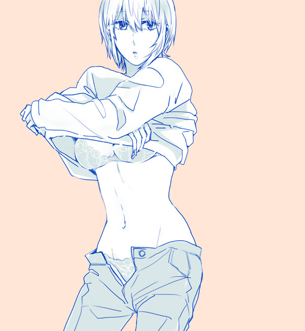 alternate_costume bra female female_only gintama medium_breasts misawa okita_mitsuba open_pants panties restricted_palette shirt_lift shirt_up short_hair solo underboob undressing