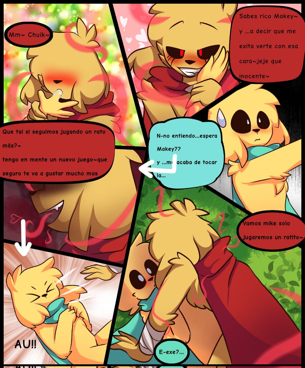 <3 2boys anthro anthro_on_anthro bandage bandages black_sclera blush blushing blushing_at_partner canine cape claws comic comic_page fluffy fox_yao31 golden_retriever lustful_gaze magic_user mikecrack mikecrack.exe outside pinned_down red_eyes spanish_dialogue spanish_text sucking_finger tagme white_eyes worried