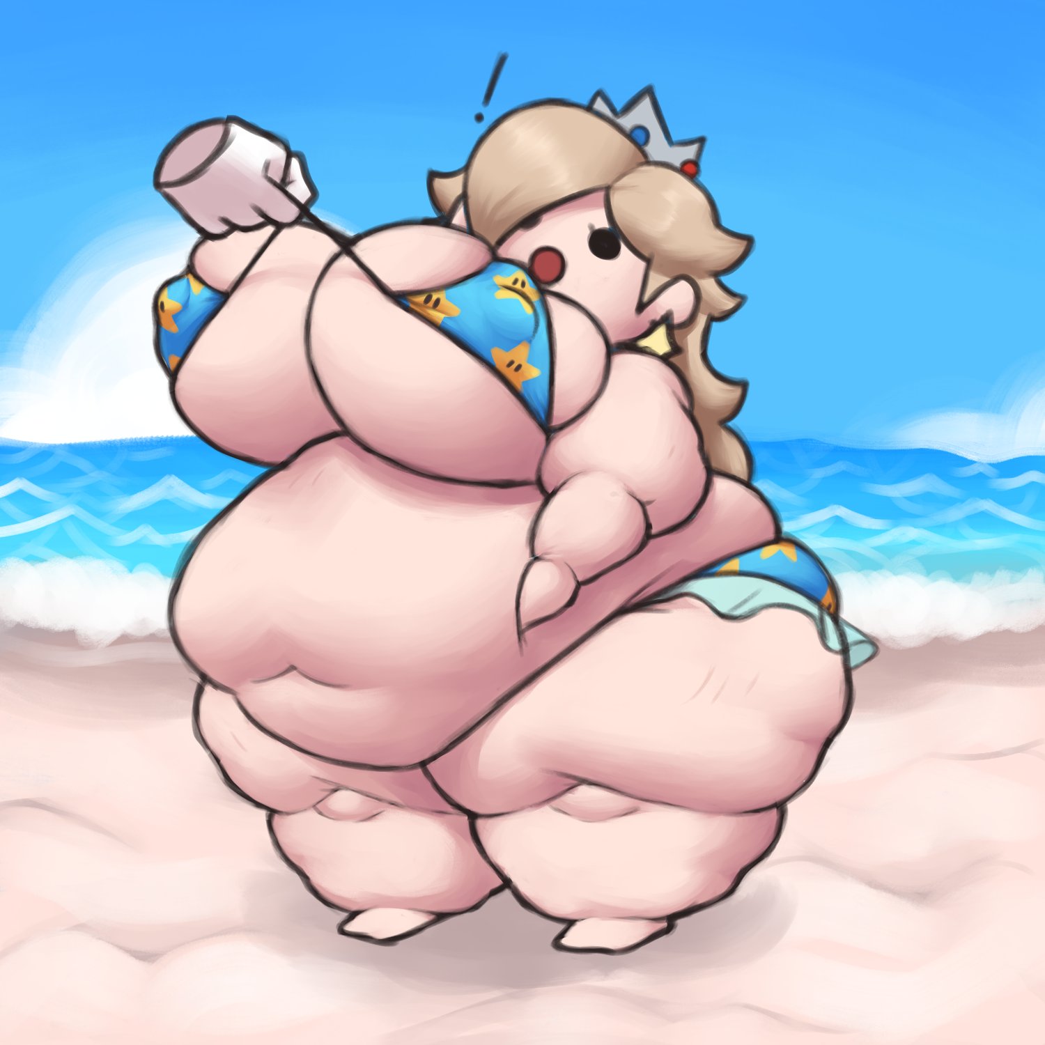 !, 1girls, ass, beach, belly, bikini, blonde hair, breasts, chubby, chubby female, crown, disembodied hand, dot eyes, eyelashes, fat, female, female focus, female only, hips, huge belly, hyper ass, large ass, large breasts, mario (series), mostly nude, mostly nude female, nintendo, obese, obese female, overweight, overweight female, plumpcognito, princess, princess rosalina, pulling bikini string, shocked, shocked expression, shortstack, super mario galaxy, thick thighs, thighs, wide hips