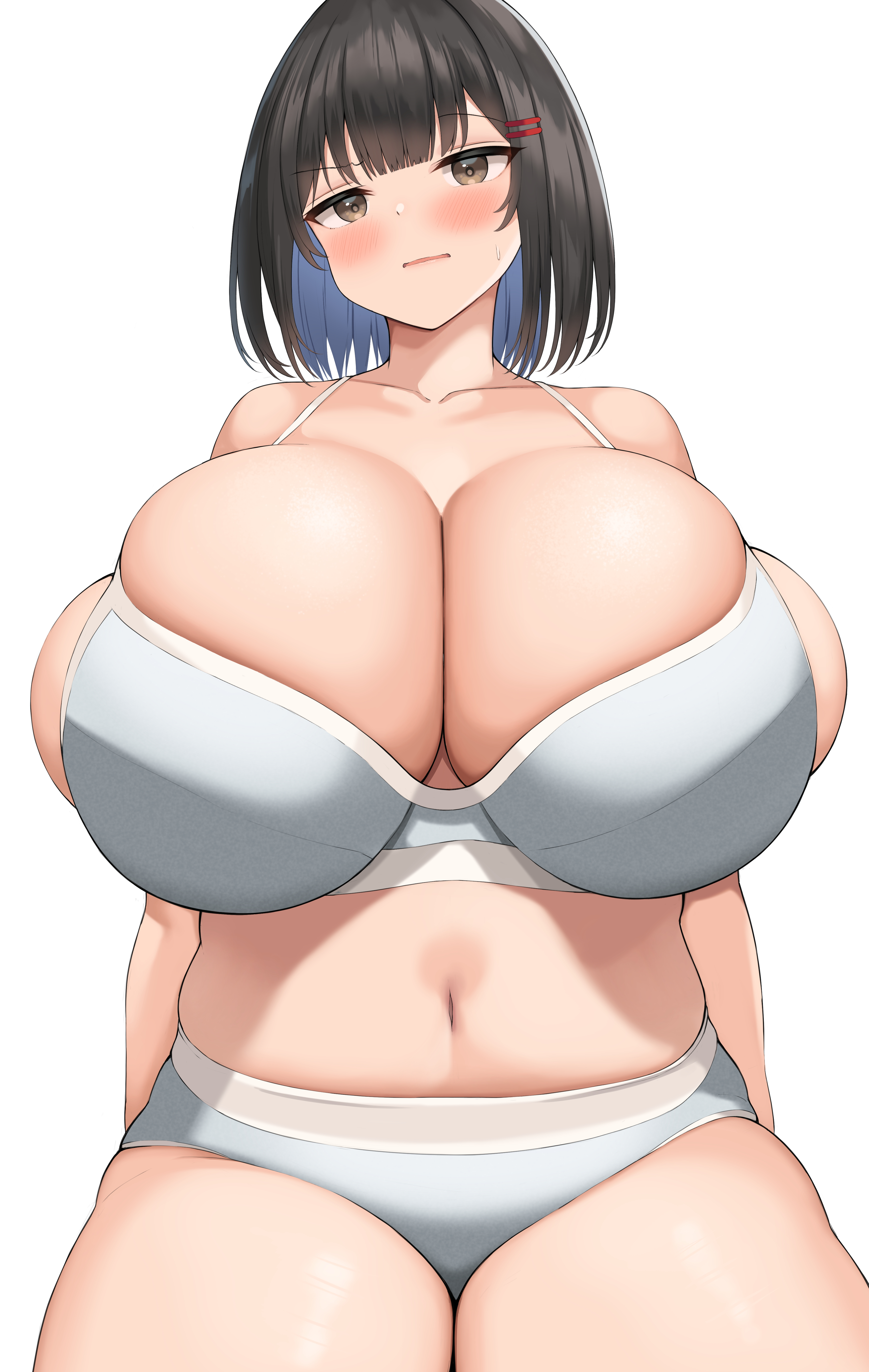 1girls, barely contained, blush, bra, breasts, brown eyes, brown hair, bursting breasts, female, gigantic breasts, high resolution, huge breasts, light skin, light-skinned female, navel, neneneji, original, original character, panties, short hair, slightly chubby, thick thighs, too small clothes