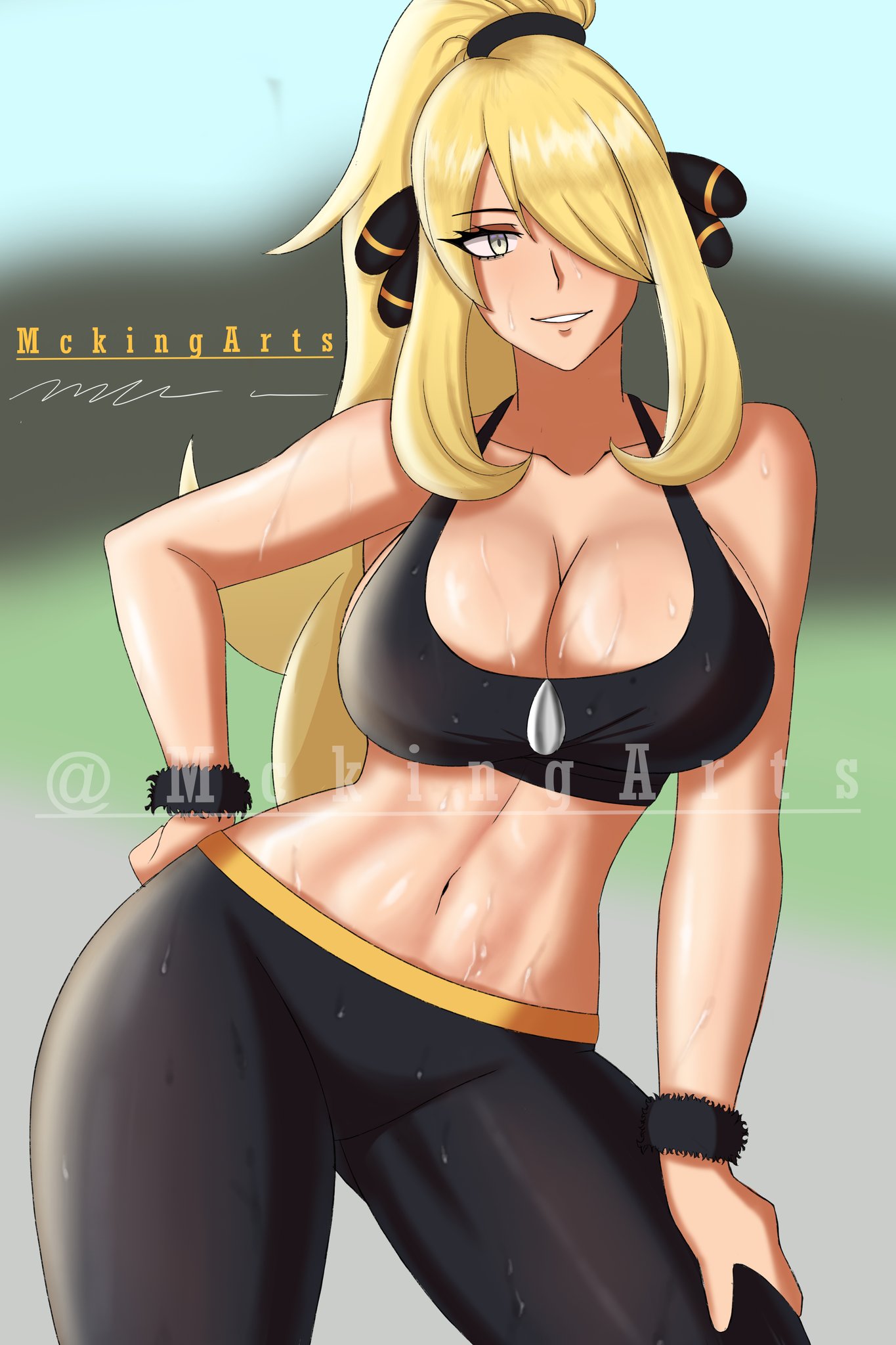 1girls, 2021, blonde hair, breasts, cynthia (pokemon), female, hair ordament, hair over one eye, leggings, light skin, light-skinned female, mature, mature female, mckingart, pokemon, pokemon dppt, ponytail, sports bra, sportswear, sweat, sweaty body