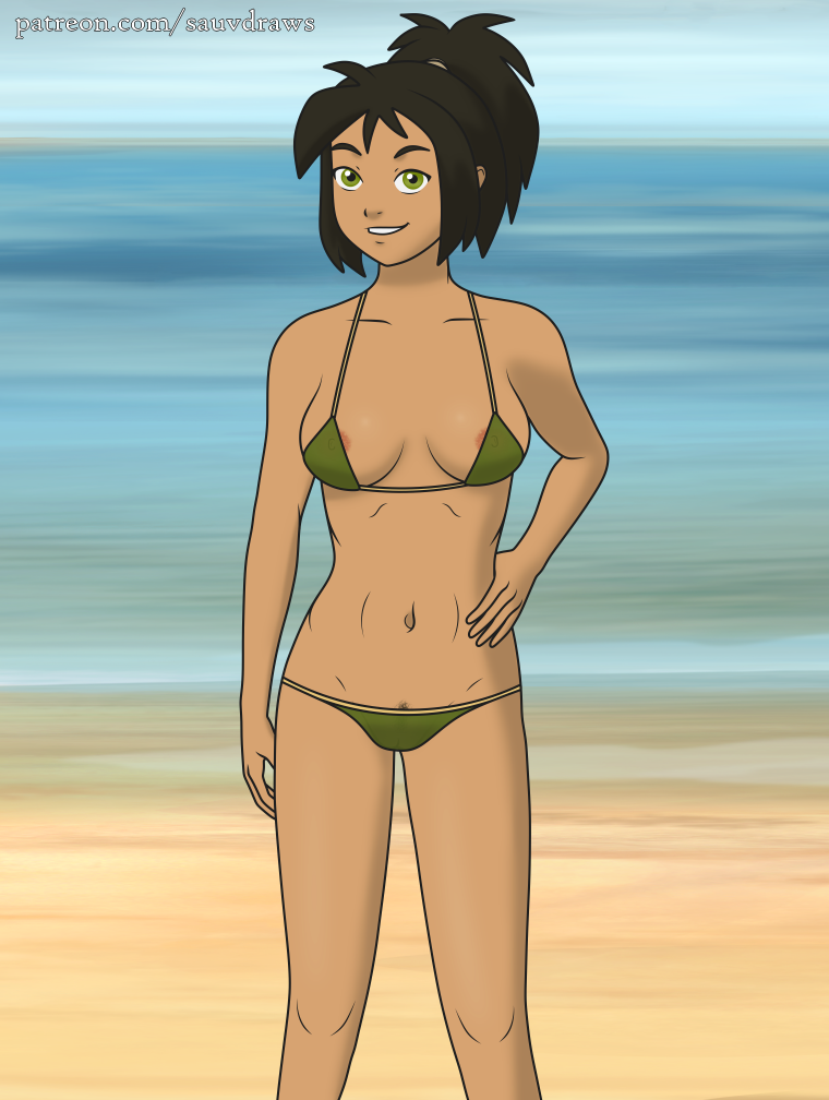 avatar_the_last_airbender beach bikini female_only jin_(avatar) pubic_hair_peek sauvdraws see-through_swimsuit solo visible_nipples