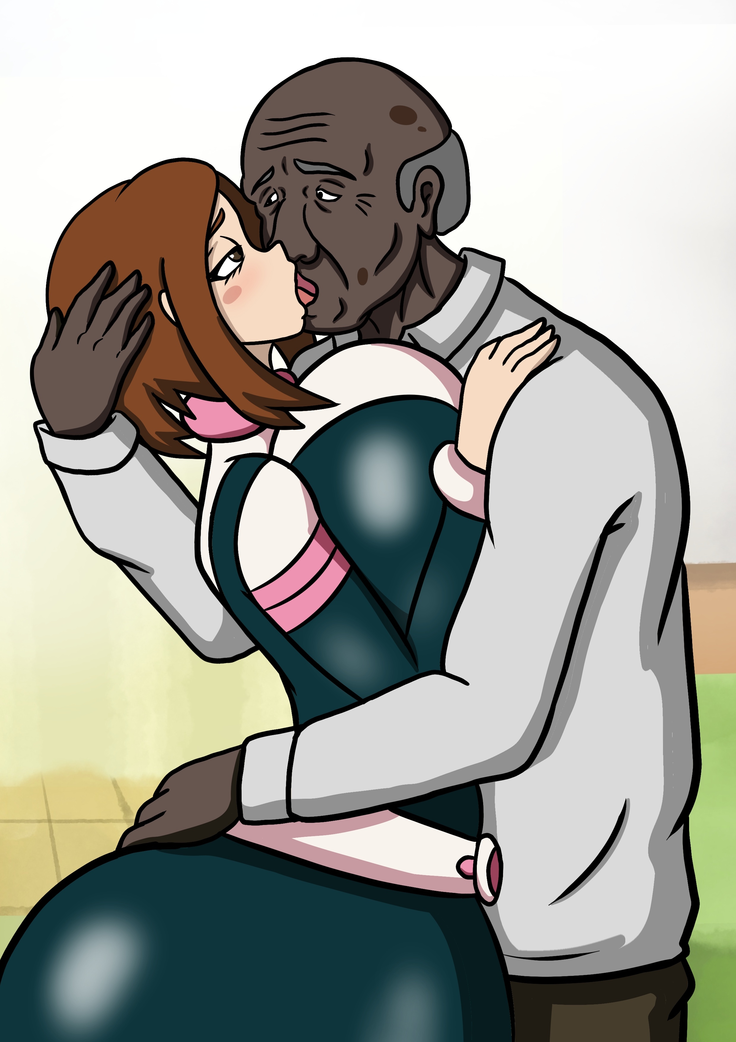 1boy, 1girls, big breasts, bodysuit, breasts, dark skin, dark-skinned male, dibuctor, female, huge breasts, interracial, kissing, male, my hero academia, ochako uraraka, ochako uraraka (hero outfit), old male, older male, older male and younger female, shounen jump, tagme, ugly bastard, uraraka ochako, uraraka ochako (hero outfit)