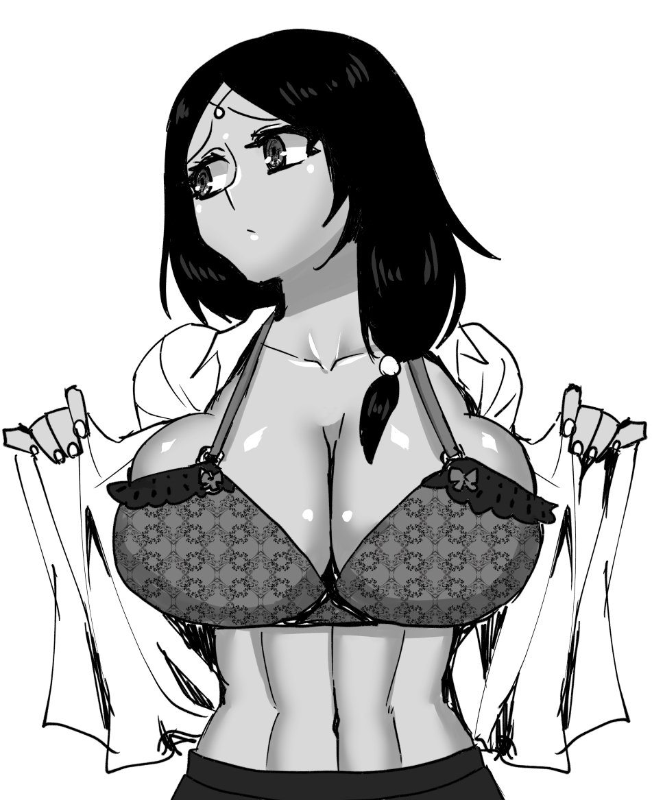 big_breasts bra canon_genderswap circlet cleavage deusa female female_only gaolang_wongsawat genderswap_(mtf) kengan_(series) kengan_ashura looking_away low-tied_long_hair low_ponytail monochrome open_shirt presenting presenting_breasts rule_63 sketch solo tan_skin tied_hair undressing