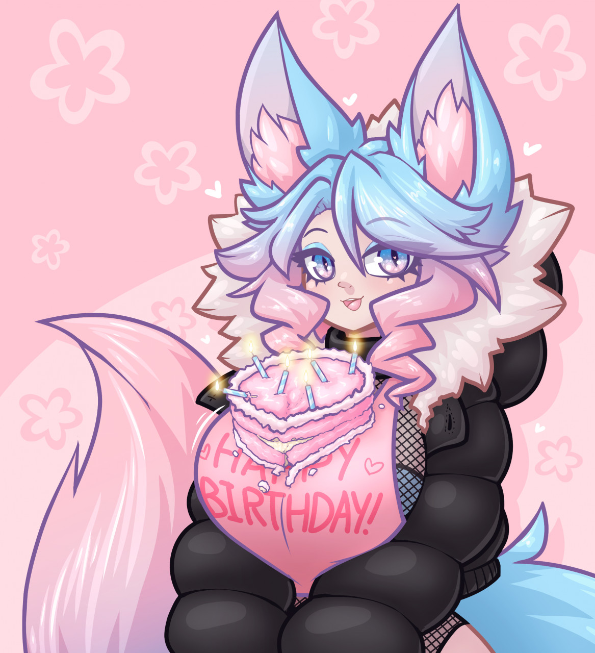 animal ears, birthday cake, cake, clothed, clothing, female, fully clothed, fur trim, large breasts, limebreaker, multicolored eyes, multicolored hair, open eyes, open mouth, silvervale, tail, two-tone hair, virtual youtuber