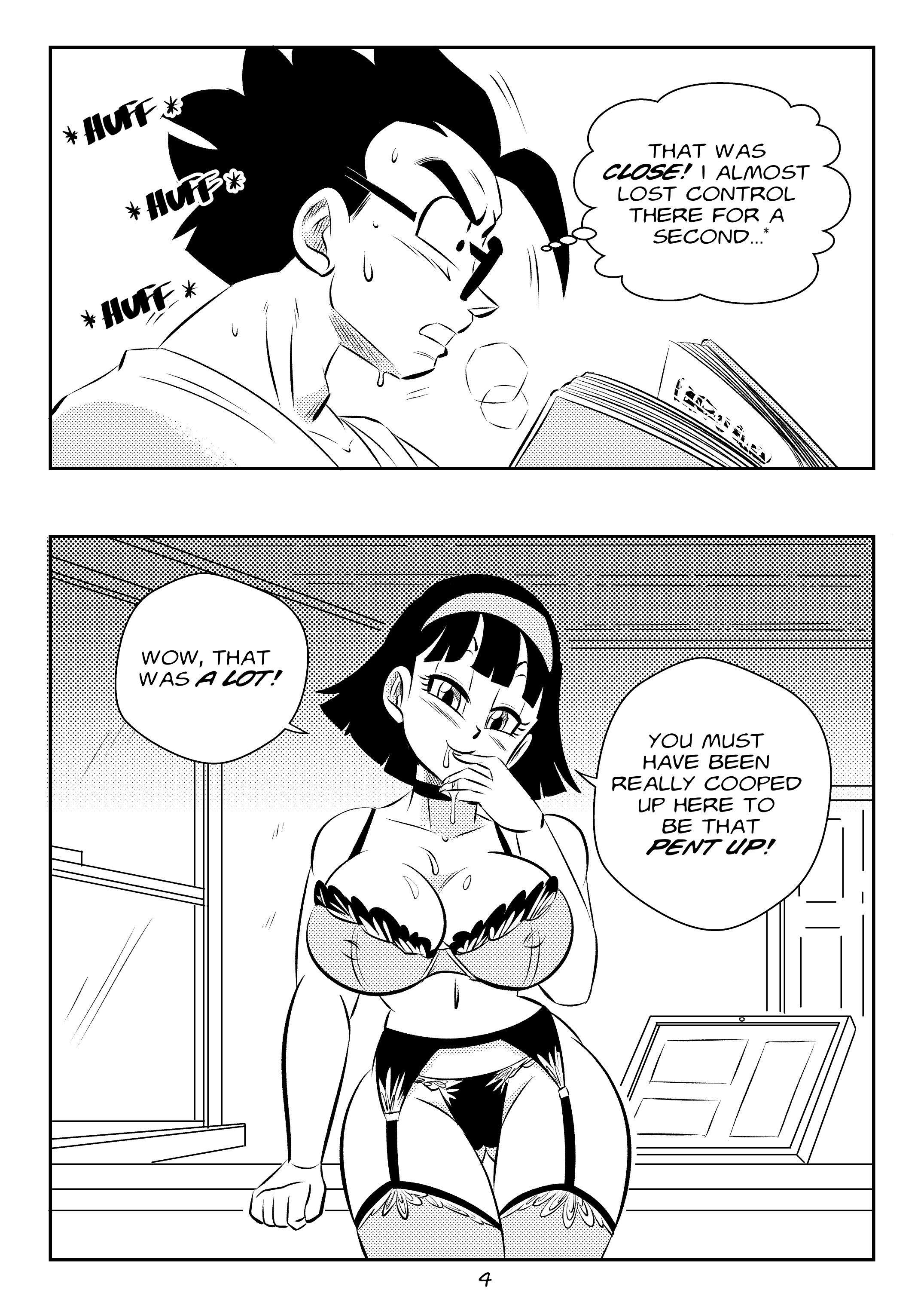 ass visible through thighs, bra, breasts, comic, dragon ball, dragon ball super, dragon ball super super hero, english text, female, funsexydragonball, garter belt, garter straps, large breasts, mature female, milf, page 4, panties, reading book, son gohan, thigh gap, thighhighs, videl, videl (dragon ball super)