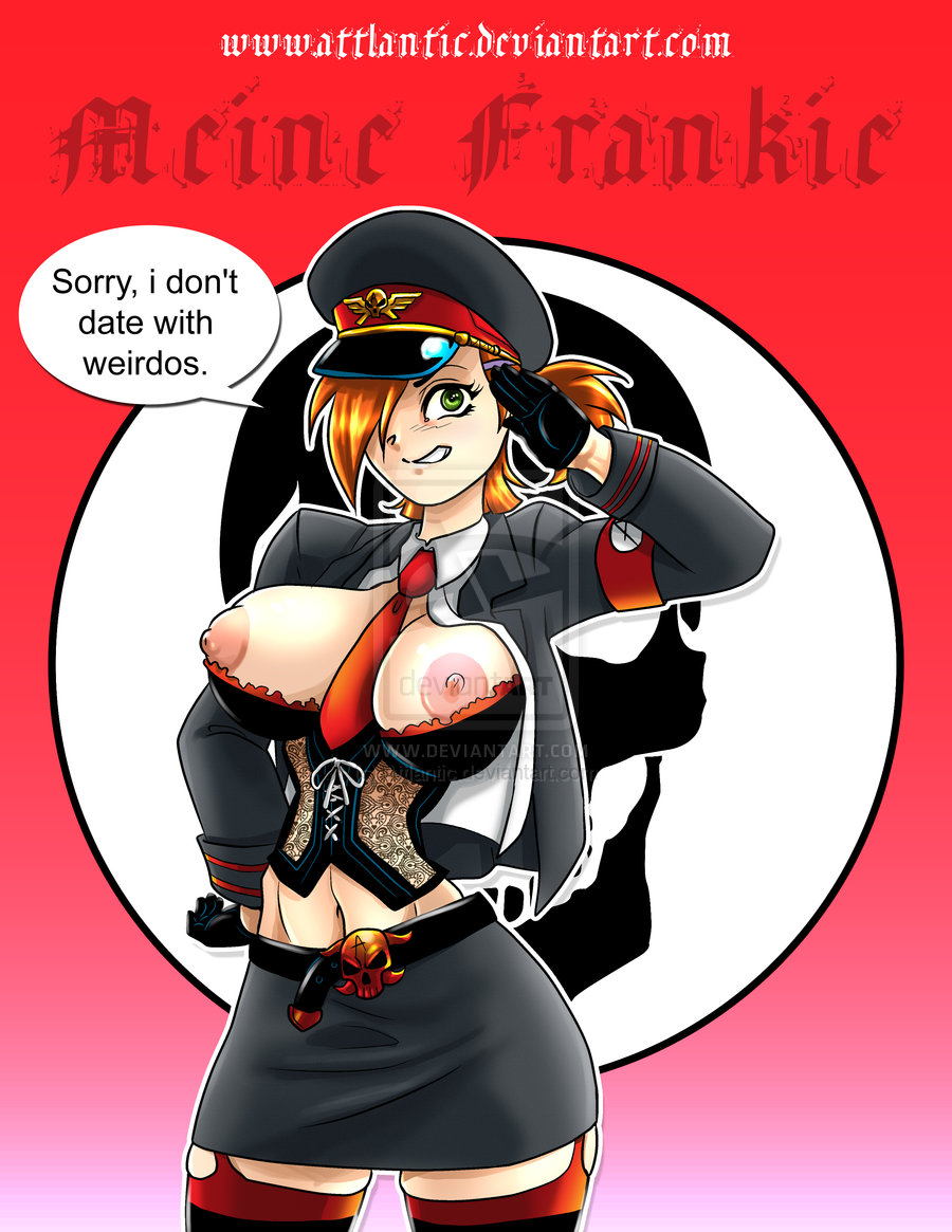 attlantic breasts cartoon_network corset female female_only foster's_home_for_imaginary_friends frankie_foster gloves green_eyes hair_over_one_eyes human military_uniform nipples red_hair salute skirt solo