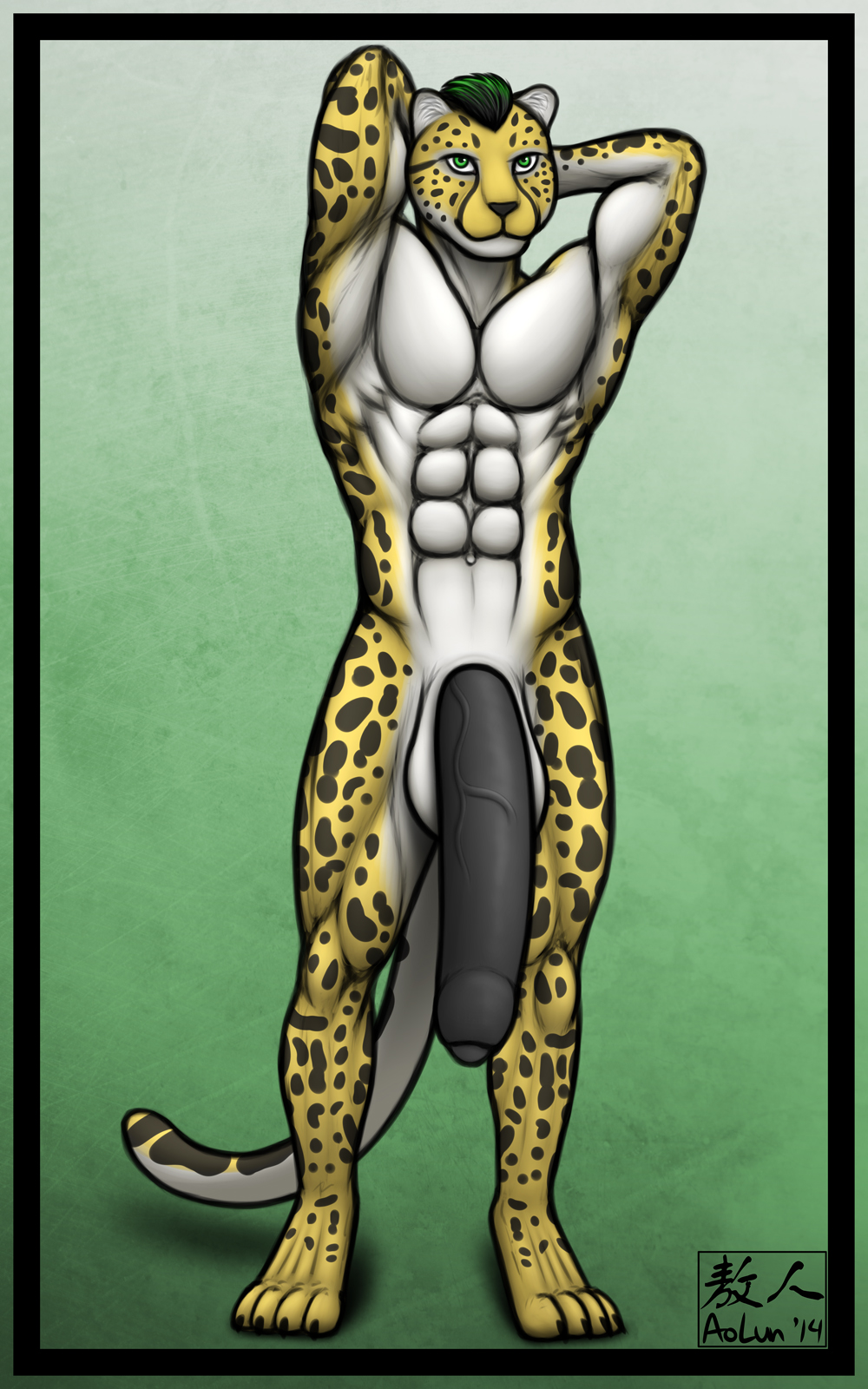 2014 4_toes abs anthro aolun aolun_(artist) balls biceps big_balls big_penis black_fur black_hair body_markings cheetah digitigrade feline fur green_eyes green_hair hair hindpaw huge_cock humanoid_penis hyper hyper_penis king_cheetah long_penis looking_at_viewer male male_only mammal markings muscles nude paws pecs penis plain_background pose solo spots toes toned uncut vein white_fur yellow_fur