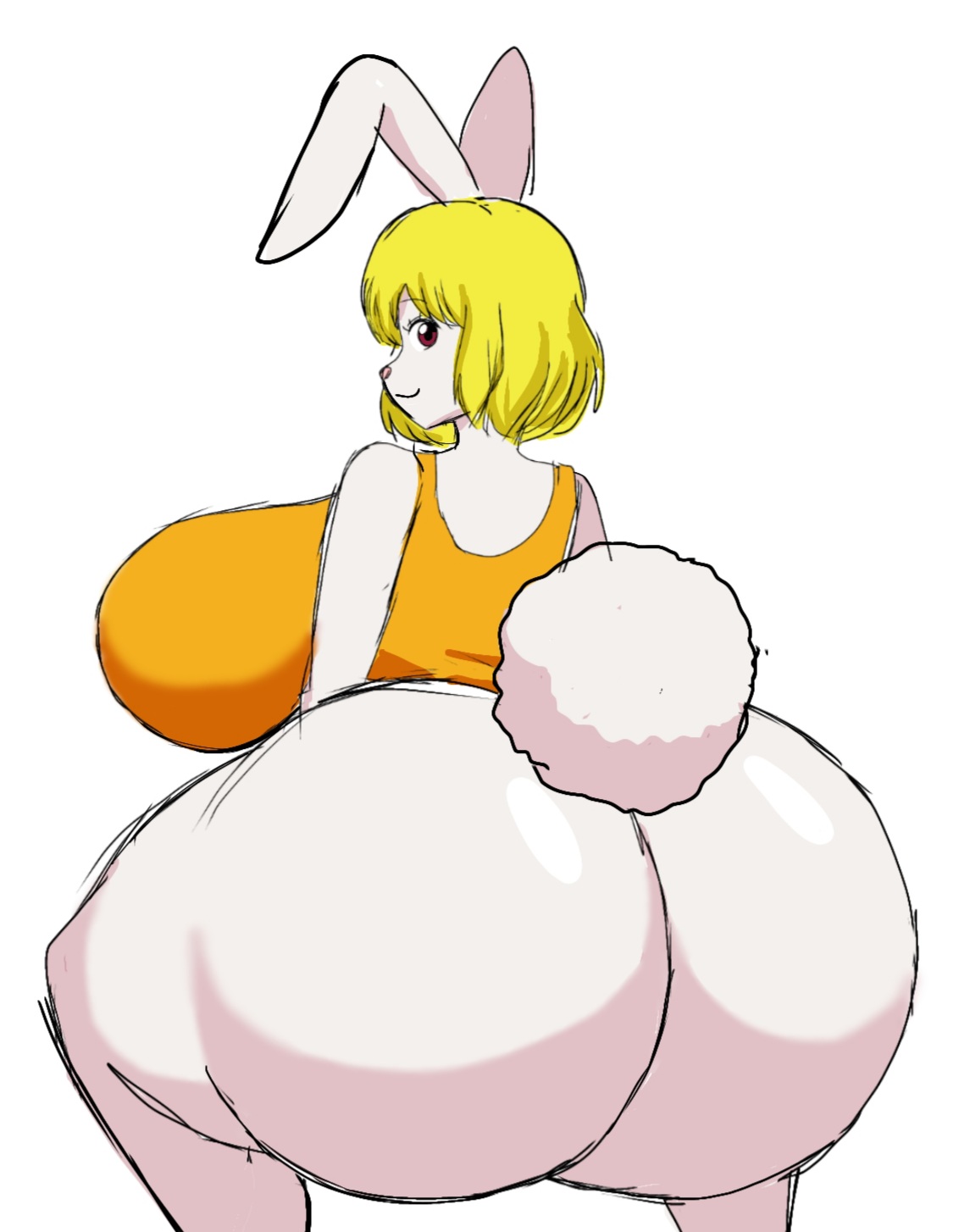 1girls, apron, ass, big ass, big butt, blonde hair, blonde-haired female, bottomless, bubble ass, bubble butt, bunny, bunny girl, carrot (one piece), fat ass, fat butt, female, female only, huge ass, huge butt, momiji (artist), no pants, one piece, rabbit, rabbit girl, rabbit humanoid, red eyes, red-eyed female, thick ass, thick thighs, white background
