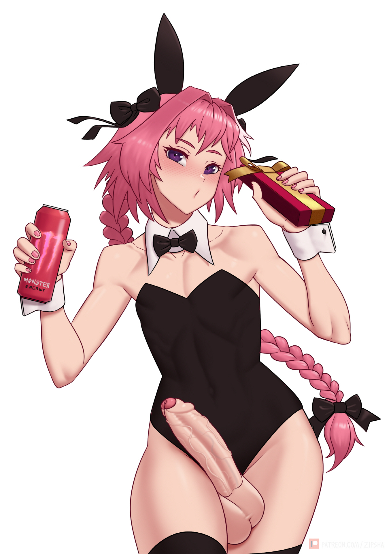 1boy, astolfo (fate), balls, braided hair, bunny ears, bunnysuit, erection, fate (series), fate/grand order, femboy, feminine male, foreskin, girly, legwear, leotard, male, male only, otoko no ko, penis, pink hair, pose, solo, standing, testicles, uncircumcised, white background, zipsha