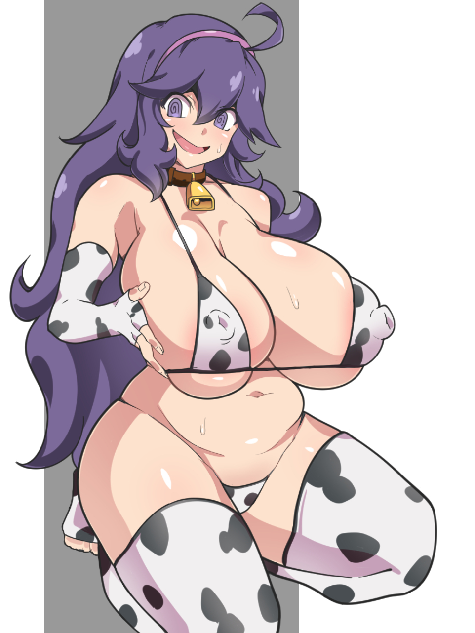 1girls, alternate breast size, breasts, cleavage, cow print, cow print bikini, dd (artist), female, hex maniac, hex maniac (pokemon xy), hips, huge breasts, kneeling, light skin, light-skinned female, long hair, massive breasts, muffin top, nintendo, nipple bulge, pokemon, pokemon xy, purple eyes, purple hair, thick thighs, thighs, voluptuous, wide hips