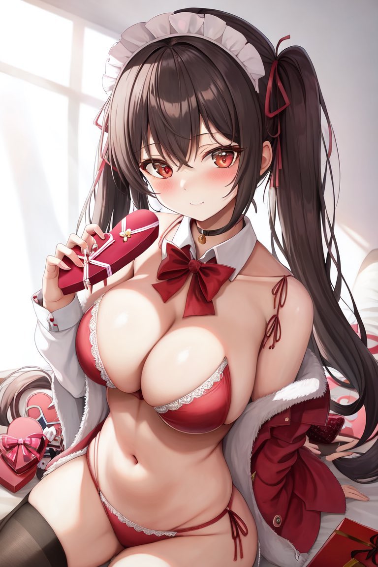 1girls, ai generated, alternate breast size, bikini, breasts, brown eyes, brown hair, chocolate, cleavage, female, genshin impact, hu tao (genshin impact), large breasts, legwear, light skin, light-skinned female, lingerie, long hair, looking at viewer, maid, maid headdress, smile, stable diffusion, thighs, twintails, underwear, valentine's day