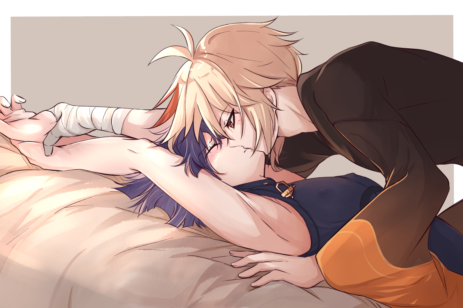 2boys, armpits, closed eyes, erect nipples, femboy, fully clothed, gay, genshin impact, girly, hoyoverse, kaedehara kazuha, kiss, kissing, lying, male, nipples, no visible genitalia, pinned, scaramouche (genshin impact), sleeveless, twink, yaoi