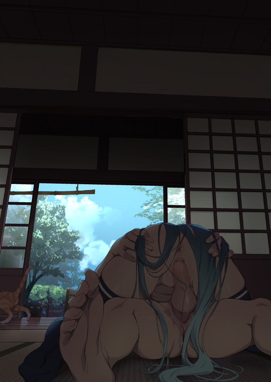 1boy anus architecture ass_grab black_thighhighs blue_hair censored commentary cowgirl_position day east_asian_architecture feline female highres indoors kantai_collection long_hair mosaic mosaic_censoring nude penis pussy samidare_(kantai_collection) sex shouji sliding_doors straddling straight takemura_sessyu tatami testicles thighhighs vaginal_penetration very_long_hair