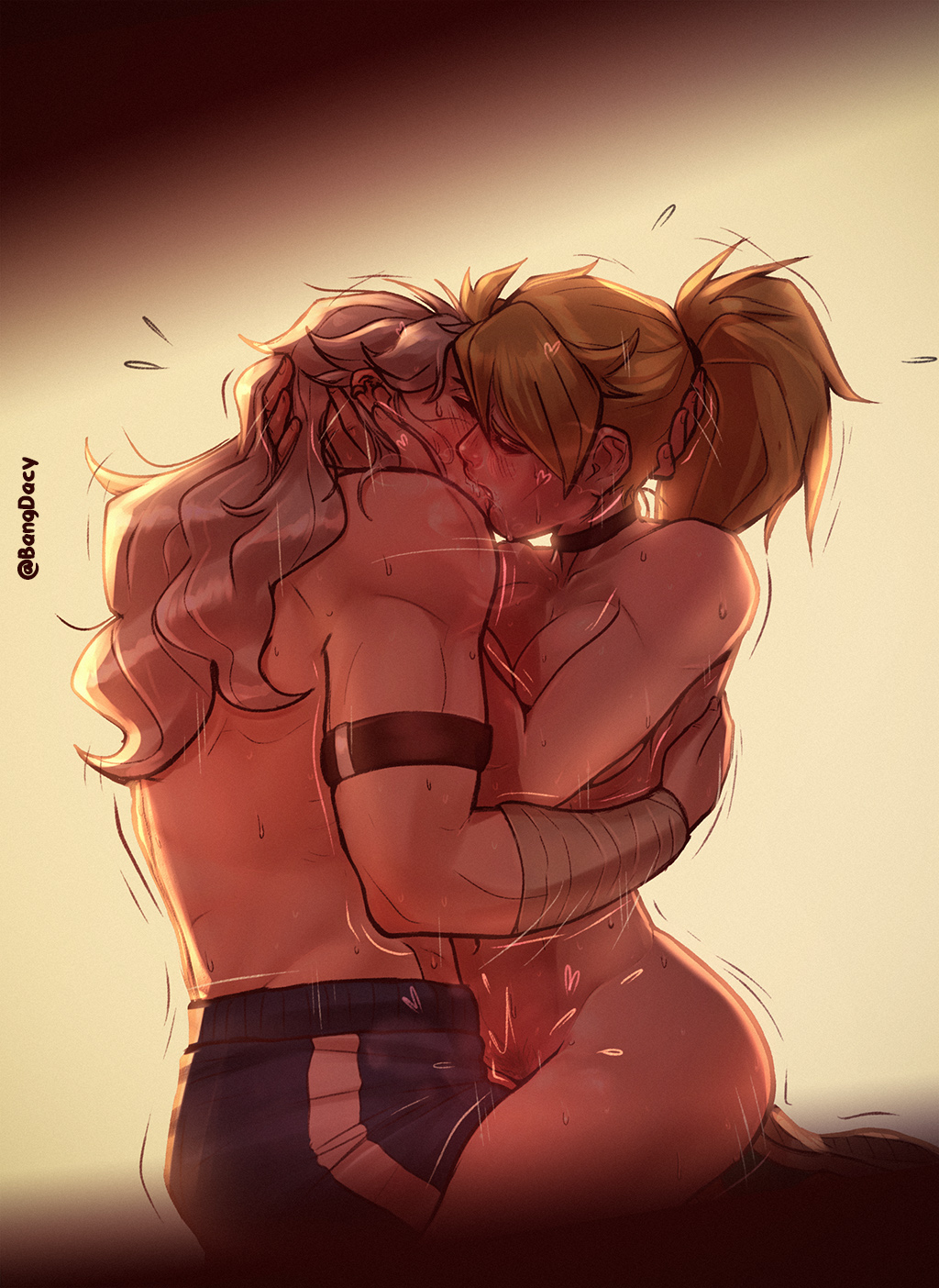 2girls arm_around_back armband bangdacy black_choker blonde_hair blush breasts choker cleavage closed_eyes clothed_female_nude_female commentary dorohedoro english_commentary fingering french_kiss grey_hair hand_on_another's_head hands_on_another's_head highres kissing large_breasts long_hair multiple_girls muscular muscular_female navel nikaido noi_(dorohedoro) nose nude ponytail pussy_juice saliva sex sitting sitting_on_lap sitting_on_person straddling sweat topless upright_straddle yuri