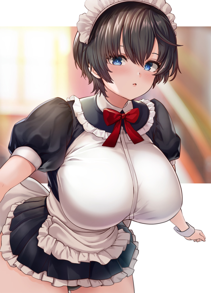 adapted_costume apron bangs black_hair blue_archive blue_eyes blush bow breasts dress effort_star female frills hair_between_eyes highres huge_breasts looking_at_viewer maid maid_apron maid_headdress panties panty_peek puffy_sleeves ribbon short_hair skirt solo tsubaki_(blue_archive) underwear very_short_hair wristband