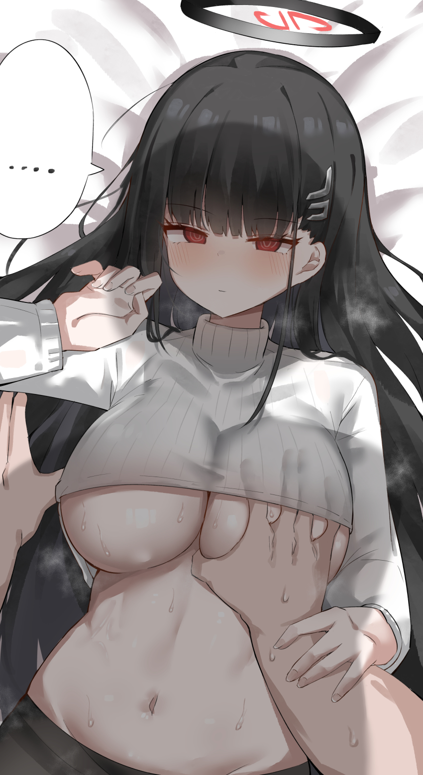 1boy, 1girls, absurdres, black hair, blue archive, breast grab, breasts, cleavage, clothes lift, doldol (rkwowlqrp), female, grabbing, guided breast grab, guiding hand, hair ornament, hairclip, halo, hand under clothes, hand up, highres, large breasts, light skin, light-skinned female, light-skinned male, long hair, lying, male, millennium science school student, navel, on back, on bed, red eyes, rio (blue archive), seminar (blue archive), shadow, shirt lift, sweat, turtleneck, underboob