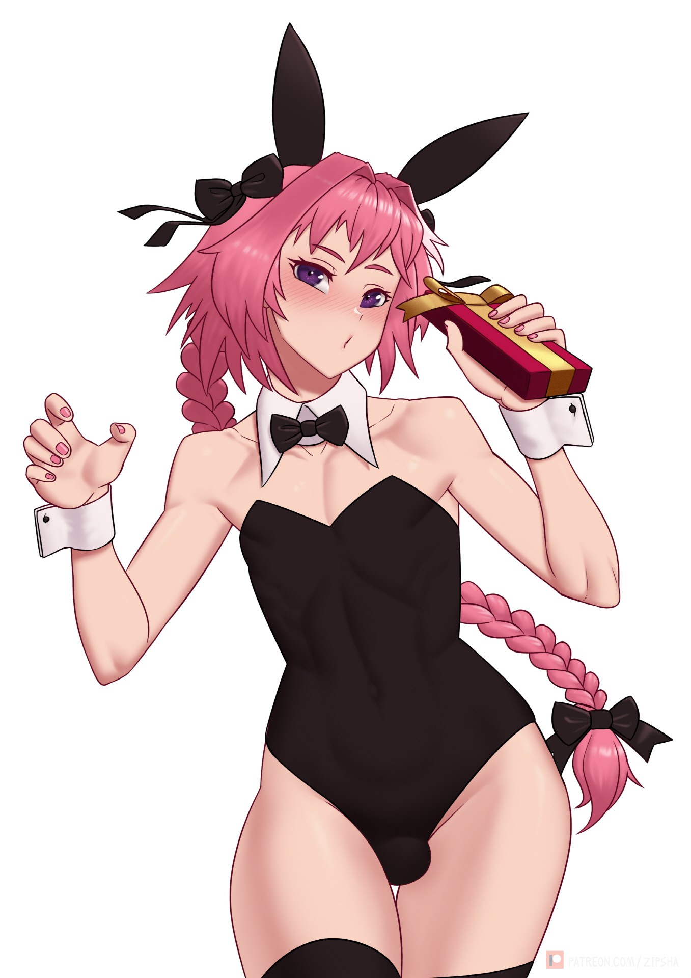 1boy, astolfo (fate), braided hair, bunny ears, bunnysuit, fate (series), fate/grand order, femboy, feminine male, girly, legwear, leotard, male, male only, otoko no ko, pink hair, pose, solo, standing, white background, zipsha