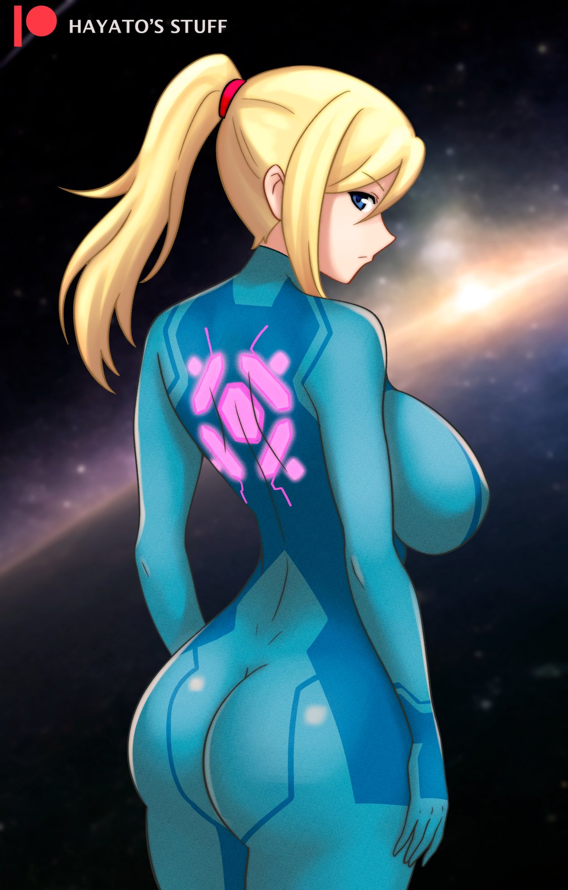 1girls, ass, blonde hair, blue eyes, breasts, female, female only, hayato stuff, looking back, metroid, nintendo, samus aran, sideboob, solo, tagme, zero suit, zero suit samus