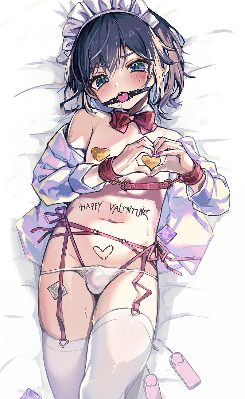 1boy ball_gag bare_shoulders bed_sheet black_hair blue_eyes blush body_writing bondage bound bound_wrists bow bowtie bulge chocolate chocolate_on_body commentary_request condom condom_wrapper cowboy_shot cuffs detached_collar food_on_body gag gagged garter_belt groin happy_valentine heart heart-shaped_boob_challenge heart_bikini heart_hands heart_pasties highres knee_up looking_at_viewer lying maid_headdress male_focus multiple_condoms nail_polish navel off_shoulder on_back on_bed open_clothes open_shirt original otoko_no_ko paid_reward_available panties panty_pull pasties penis_in_panties pink_nails red_bow red_bowtie remote_control_vibrator sex_toy shirt short_hair small_penis solo solo_male sweat tears thighhighs traditional_bowtie underwear v-shaped_eyebrows valentine vibrator white_panties white_shirt white_thighhighs yoruhachi