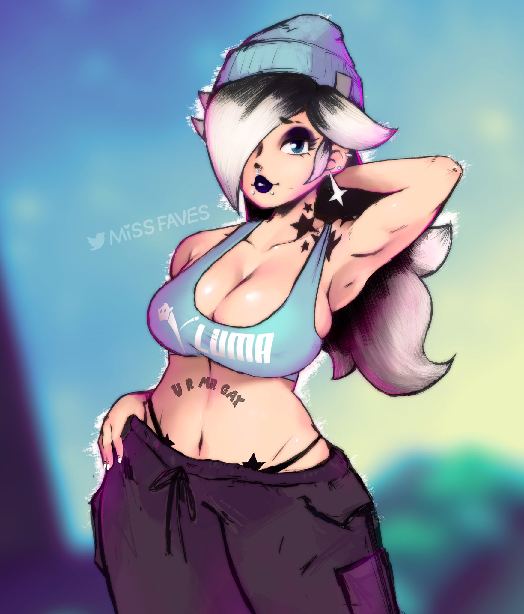 1girls, arm behind head, armpits, big breasts, black lips, blonde hair, breasts, busty, cleavage, female, female only, hair over one eye, hand on hip, highres, large breasts, long hair, looking at viewer, mario (series), midriff, missfaves, model pose, navel, nintendo, pants, parted lips, princess, princess rosalina, smile, solo, super mario galaxy, tank top, tattoo, thong, voluptuous