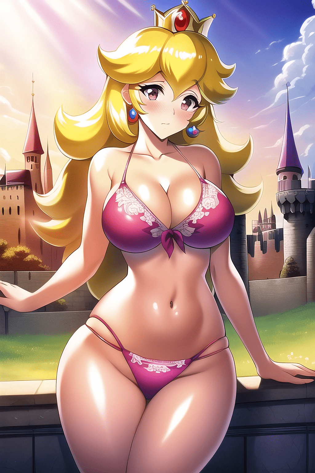 1girls, ai generated, big breasts, bikini, blonde hair, breasts, busty, child bearing hips, cleavage, female, female only, large breasts, legs, long hair, looking at viewer, mario (series), nai diffusion, navel, nintendo, princess peach, solo, stable diffusion, tagme, thick thighs, thighs