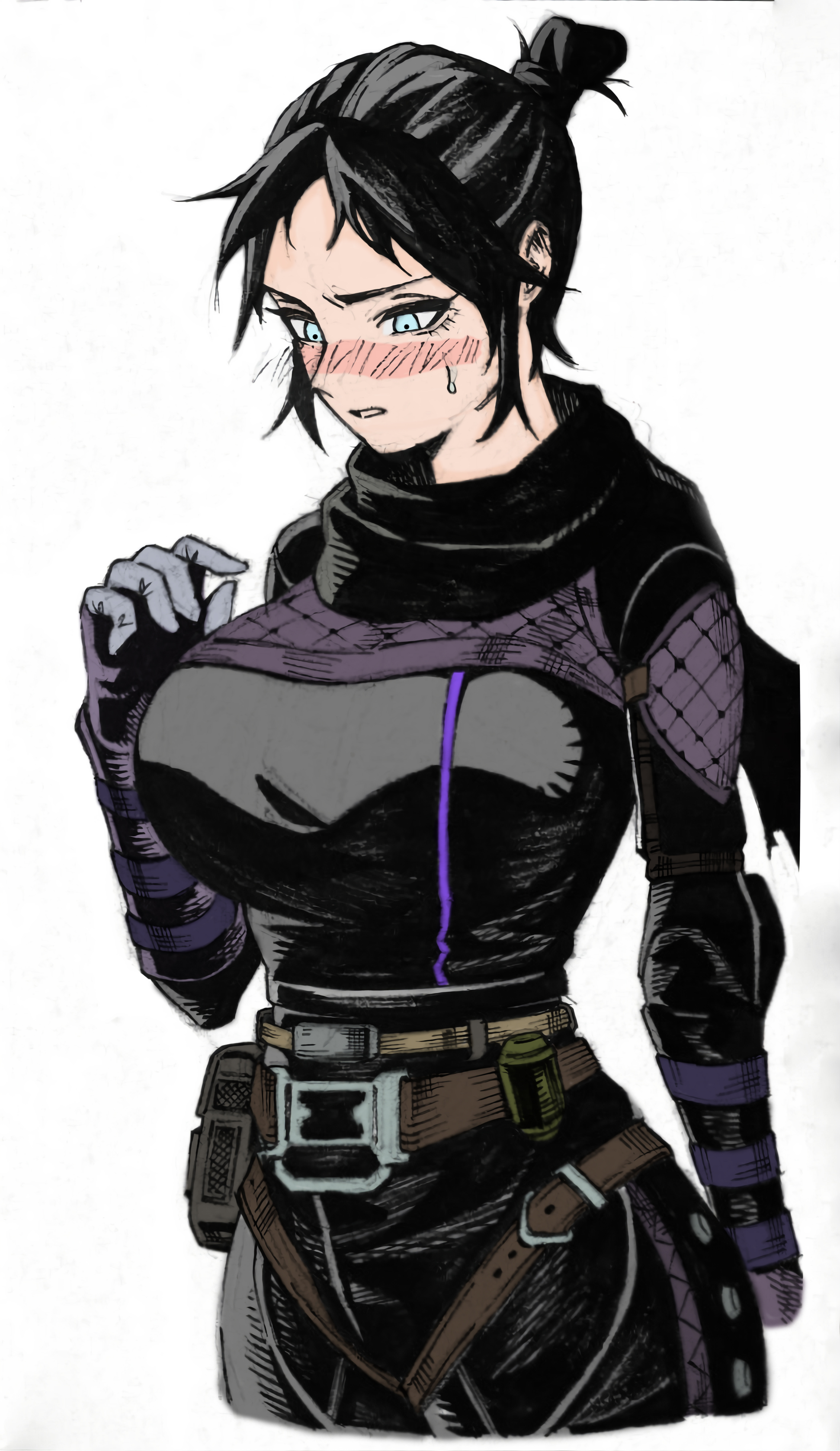 1girls, 2d, alternate breast size, apex legends, belt, big breasts, big hips, big thighs, blush, blush lines, breasts, breasts out, bursting breasts, clothed, clothes, clothing, female, female only, fully clothed, hips, huge breasts, human, human only, humanoid, large breasts, outgrowing clothes, simple background, solo, solo female, stretched clothing, thick, thick legs, thick thighs, thighs, tight clothes, tight clothing, tights, white background, wide hips, wraith (apex legends)