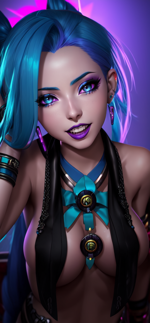 ai generated, blue hair, breasts, female, jinx (league of legends), league of legends, medium breasts, stable diffusion