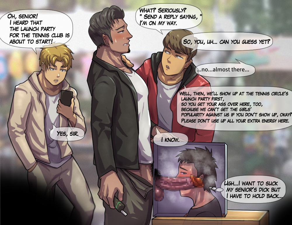 4boys, bara, big penis, black hair, blonde hair, blowjob, blush, brown hair, brown skin, censored, clothed, clothing, cock hungry, dialogue, digital art, digital drawing (artwork), digital media (artwork), erect penis, erection, funa (artist), gay, gay blowjob, gay sex, glory hole, hand in pocket, holding phone, huge cock, imminent fellatio, imminent oral, imminent penetration, looking at penis, male, male focus, male only, male/male, mosaic censoring, penis, pointless censoring, public, public sex, public use, recording, see-through, speech bubbles, sweat, sweatdrop, tagme, text, text bubble, thought bubble, translation request, white skin, yaoi, yellow hair