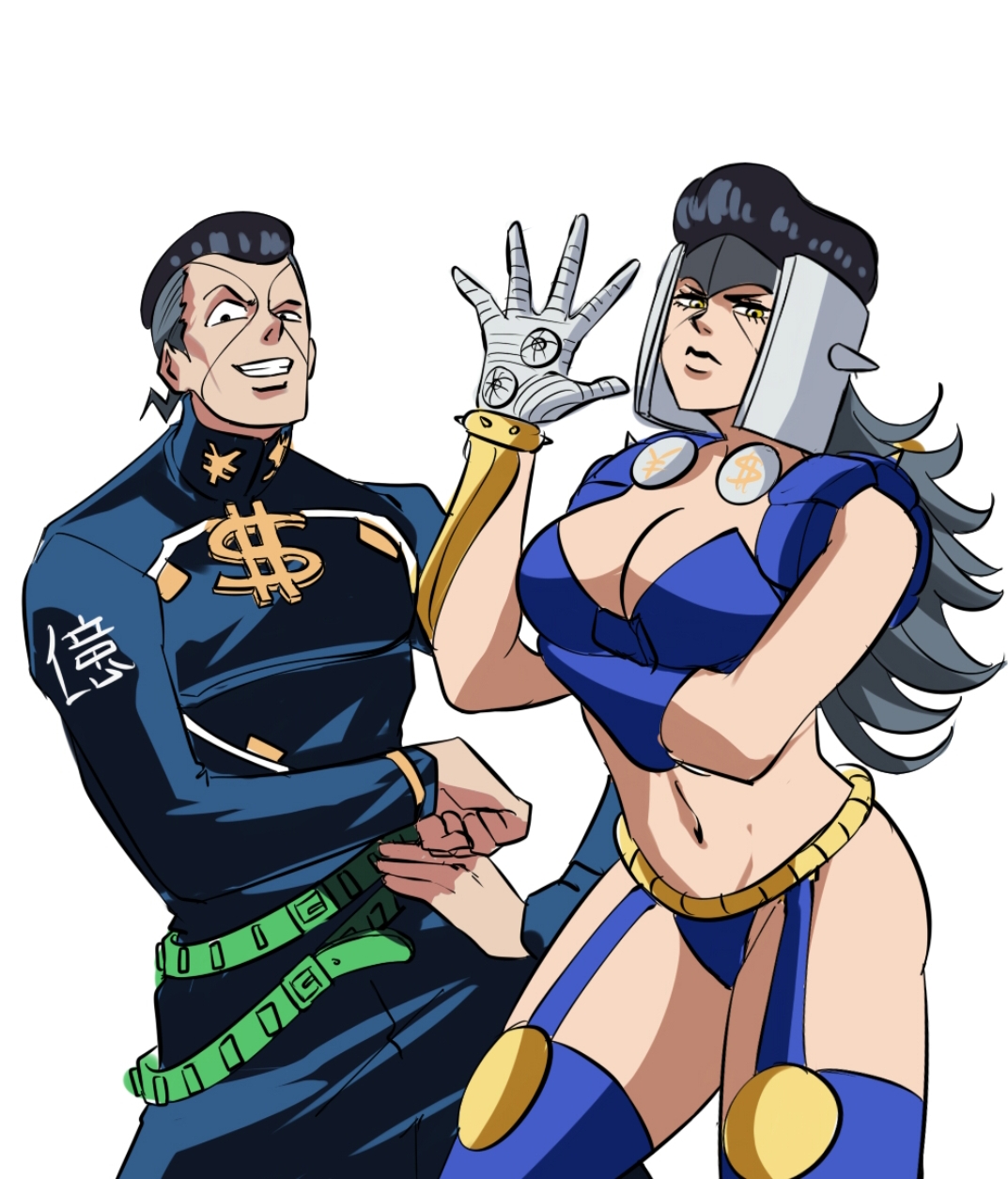 1boy, 1girls, breasts, diamond is unbreakable, female, human, jojo's bizarre adventure, male, okuyasu nijimura, rule 63, shounen jump, smile, smiling, stand (jjba), the hand (jjba), tinafate1, white background, yellow eyes, yellow-eyed female