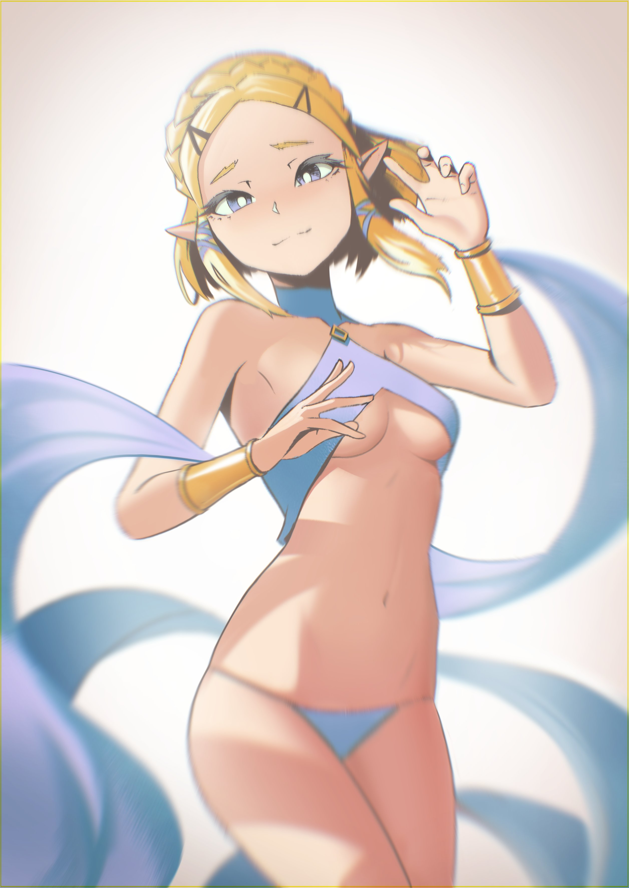 belly dancer, belly dancer outfit, blonde hair, blue eyes, bracers, breasts, breath of the wild, choker, dancer, female, hairclip, halterneck, harem, harem girl, harem outfit, hylian, hylian ears, lem00001, looking at viewer, medium breasts, midriff, navel, nintendo, pointy ears, princess zelda, short hair, tears of the kingdom, the legend of zelda, underboob, zelda (tears of the kingdom)