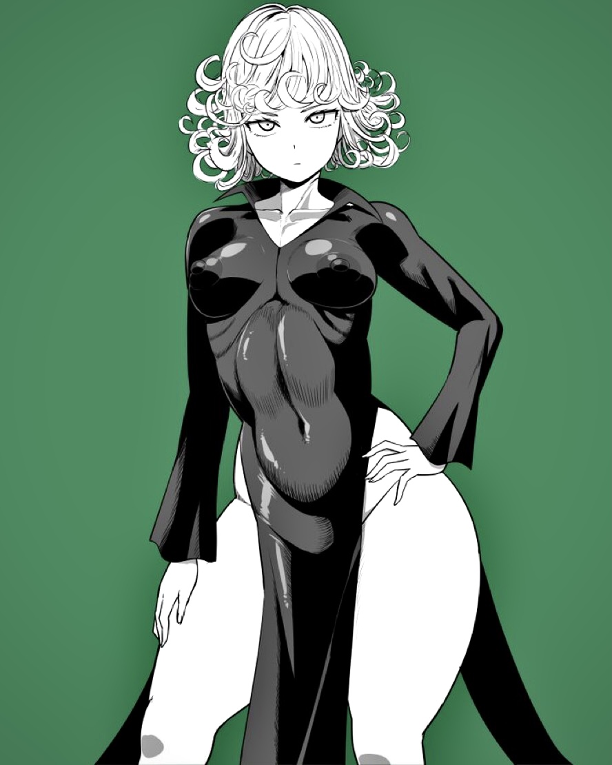 1girls amazon_(taitaitaira) areolae black_dress breasts female_only hand_on_hip hips legs nipples one-punch_man short_hair solo solo_female tatsumaki thick_thighs thighs