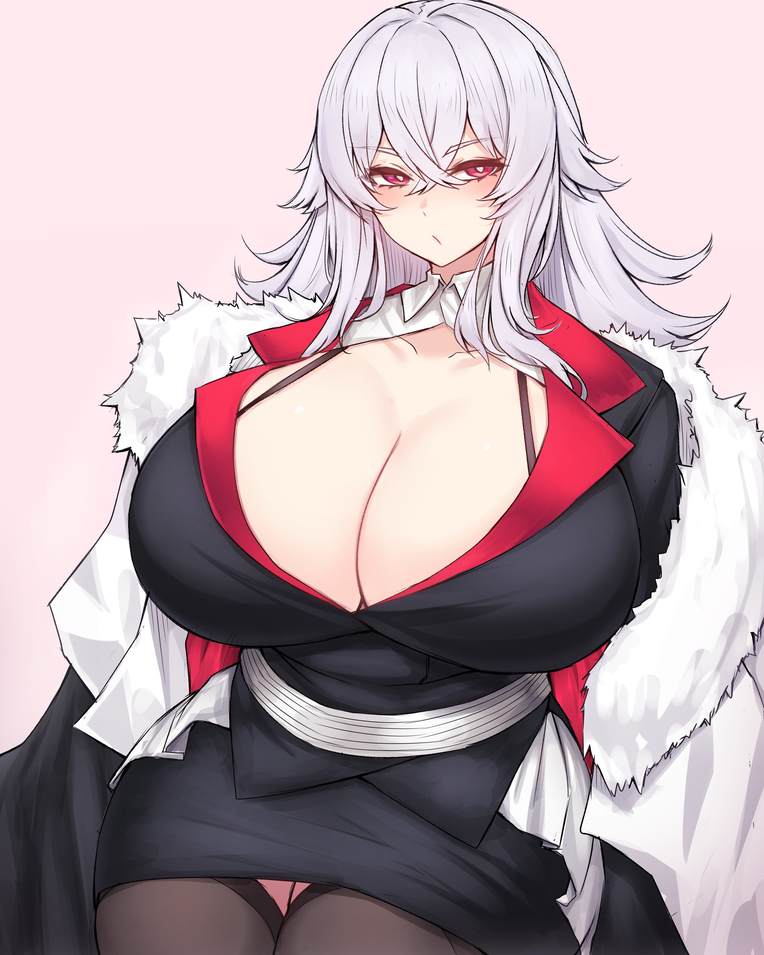 1girls, 2023, azur lane, big boobs, big breasts, big thighs, big tits, black dress, blush, blushing, breasts, busty, cleavage, coat, female, female focus, female only, graf zeppelin (azur lane), grey background, huge breasts, huge thighs, huge tits, iron blood (azur lane), light skin, light-skinned female, looking at viewer, military uniform, pink background, red eyes, rikuguma, skirt, solo, suggestive, suggestive look, thick thighs, thighhighs, thighs, uniform, white coat, white hair