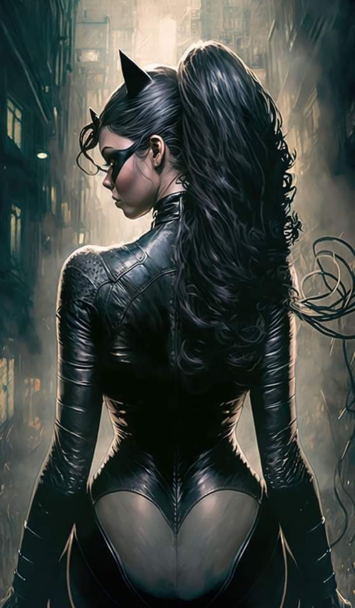 1girls ai_generated ass back_view batman_(series) big_ass black_hair catwoman curvy curvy_female curvy_figure dc dc_comics female female_only gotham_city_sirens long_hair looking_back rear_view solo tight_clothing unknown_artist villain villainess wide_hips